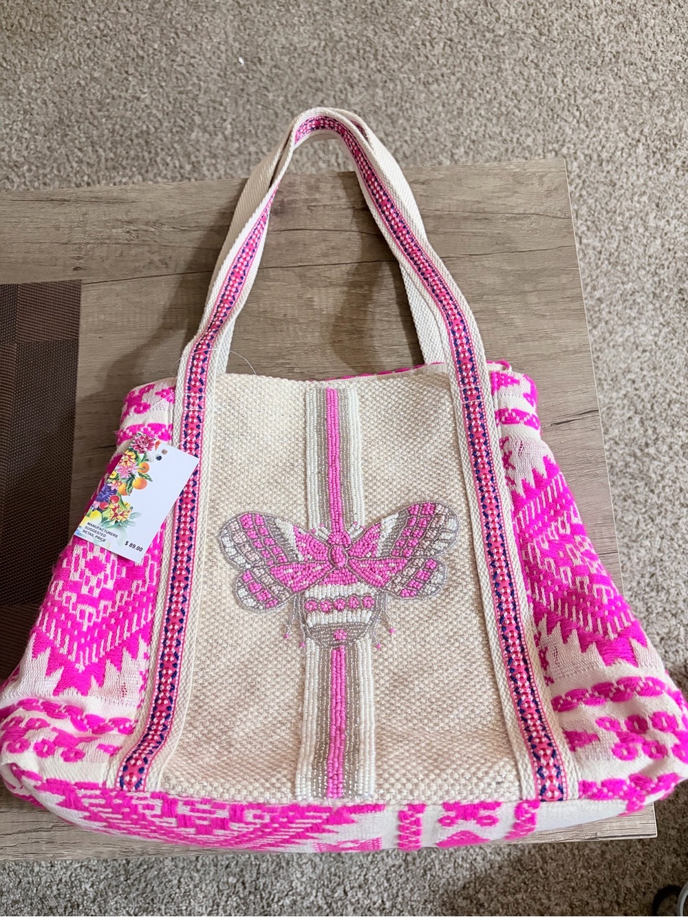 Handwoven Pink & Cream Tote Bag with Embroidered Butterfly
